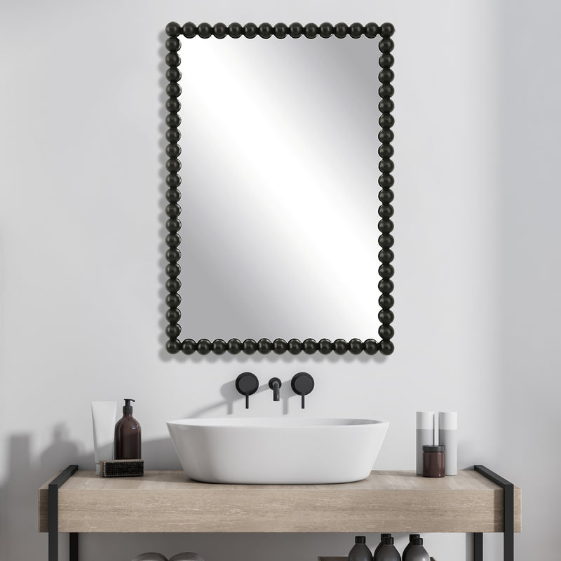 Uttermost Serna 09789 black modern rectangle bathroom vanity mirror with iron beaded frame in satin black, 21 in. W x 30 in. H