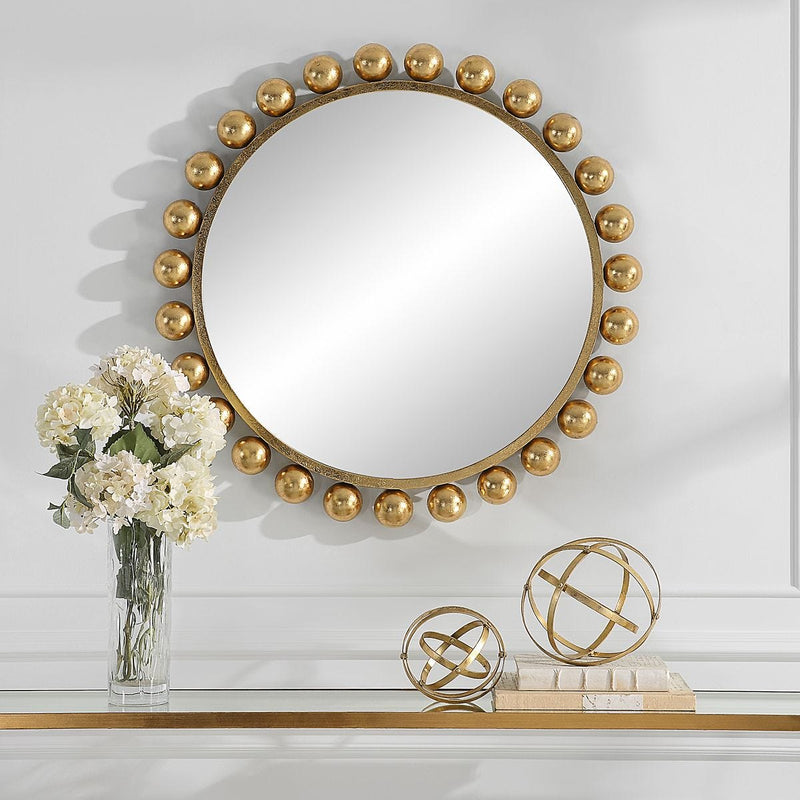 Spindra Rich Gold Mirror | Modern Round Metal Frame Bathroom Vanity Mirror (34 in. W x 34 in. H x 2 in. D)