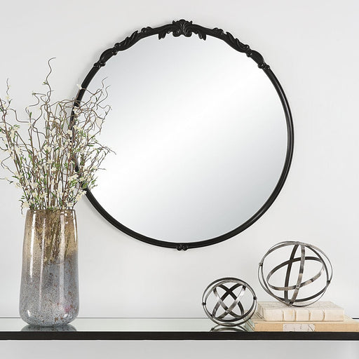 Gildara Satin Black Mirror | Classic Ornate Round Engineered Wood Frame Bathroom Vanity Mirror (30 in. W x 31 in. H x 1 in. D)