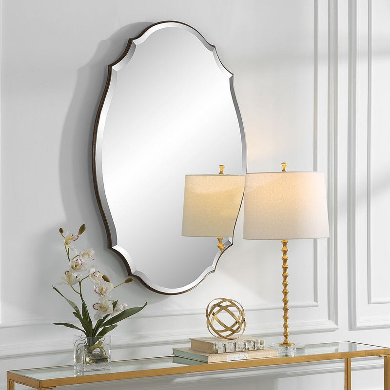 Domari Antique Bronze and Gold Mirror | Modern Oval Engineered Wood Frame Bathroom Vanity Mirror Mounted Vertical or Horizontal (28 in. W x 42 in. H x 1 in. D)