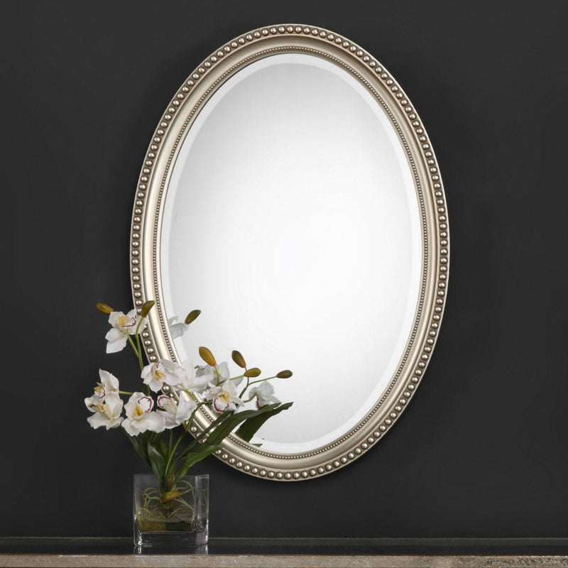 Gemi Metallic Silver Mirror | Modern Oval Polystyrene Frame Bathroom Vanity Mirror Mounted Vertical or Horizontal (22 in. W x 32 in. H x 1 in. D)