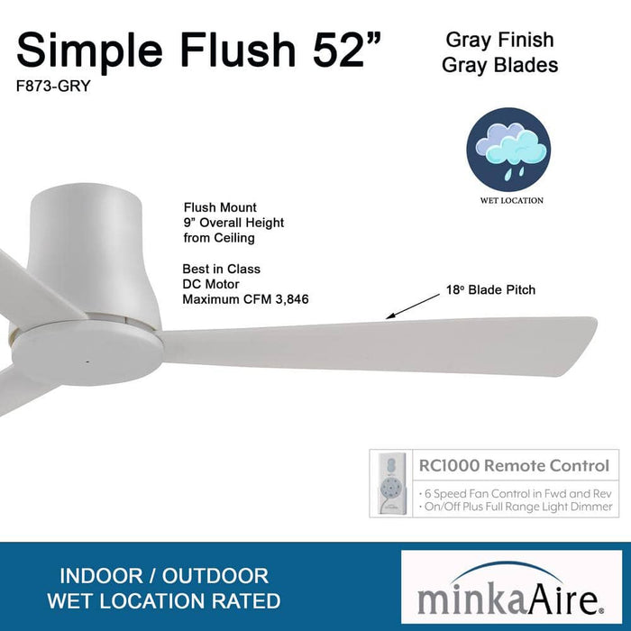 Minka Aire Simple Flush Hugger 52" Grey Outdoor Ceiling Fan with Remote