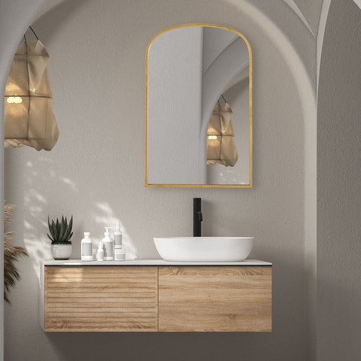 Mirona Gold Leaf Mirror | Modern Arch Iron Frame Bathroom Vanity Mirror (22 in. W x 34 in. H x 1 in. D)