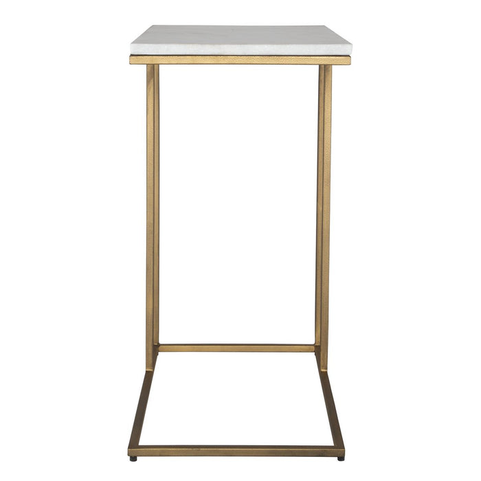 Morlan Accent Table | Antique Brass Metal Frame and White Marble Top (18 in. W x 23 in. H x 12 in. D)