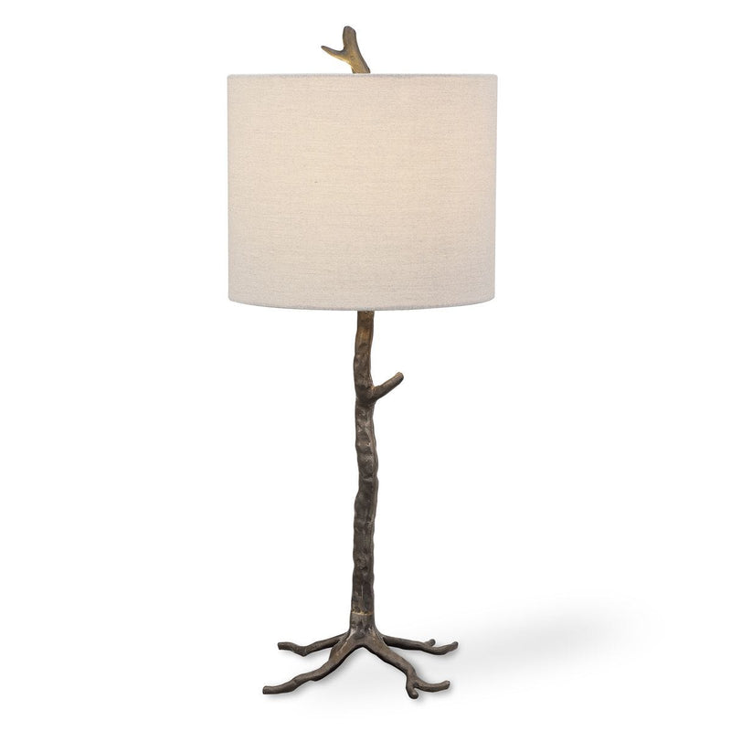 Briarwood Rustic Hand Cast Iron Tree Branch Table Lamp with Light Beige Linen Shade (30" H Lamp with 10" H x 12" W Shade)