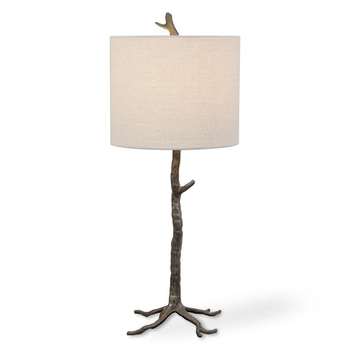 Briarwood Rustic Hand Cast Iron Tree Branch Table Lamp with Light Beige Linen Shade (30" H Lamp with 10" H x 12" W Shade)