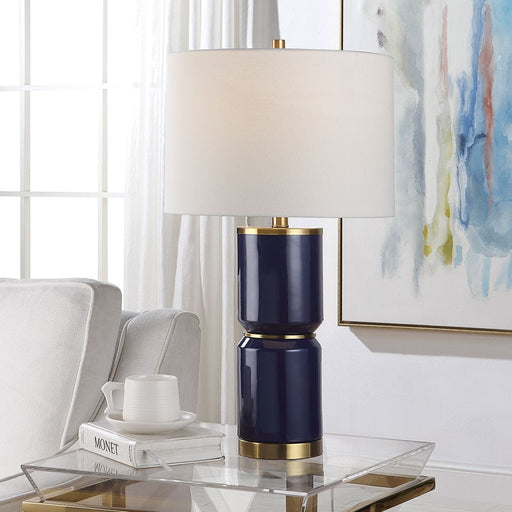 Solindra Royal Blue Modern Ceramic Table Lamp with White Linen Shade (26" H Lamp with 10" H x 15" W Shade)