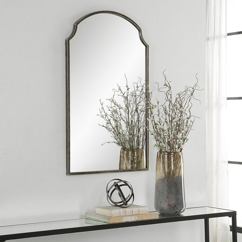Treva Rich Bronze Mirror | Modern Arch Iron Frame Bathroom Vanity Mirror (22 in. W x 36 in. H x 1 in. D)