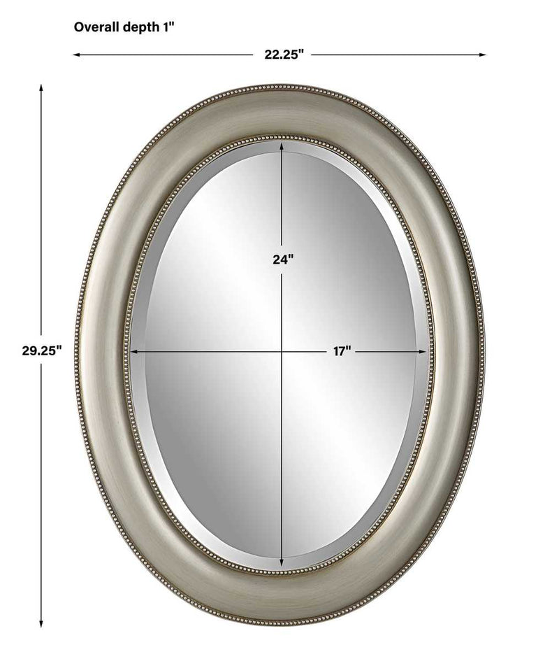 Avara Metallic Silver Mirror | Modern Oval Polystyrene Frame Bathroom Vanity Mirror Mounted Vertical or Horizontal (22 in. W x 29 in. H x 1 in. D)