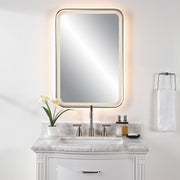 Uttermost Crofton 09861 black modern LED rectangle bathroom vanity mirror with integrated lighting, frosted strip mirror, and satin black metal frame, 22 in. W x 32 in. H