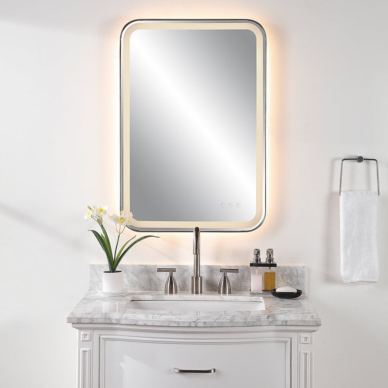 Uttermost Crofton 09861 black modern LED rectangle bathroom vanity mirror with integrated lighting, frosted strip mirror, and satin black metal frame, 22 in. W x 32 in. H