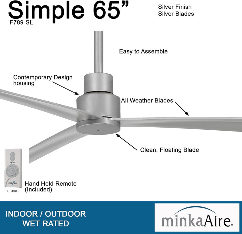 Minka Aire Simple 65" Outdoor Silver Ceiling Fan with Remote Control