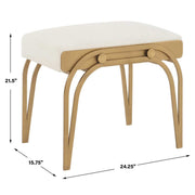 Astoria Antique Brushed Brass Accent Bench | Modern Iron Frame with Textured Light Cream Cushion (24 in. W x 22 in. H x 16 in. D)