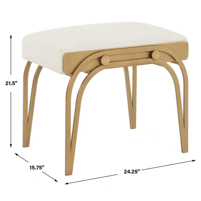 Astoria Antique Brushed Brass Accent Bench | Modern Iron Frame with Textured Light Cream Cushion (24 in. W x 22 in. H x 16 in. D)