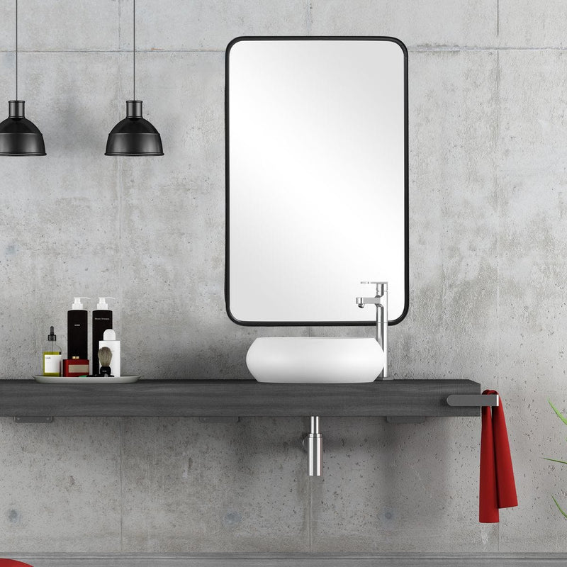 Zeffer Satin Black Mirror | Modern Rectangle Metal Frame Bathroom Vanity Mirror with Rounded Corners Mounted Vertical or Horizontal (24 in. W x 38 in. H x 1 in. D)