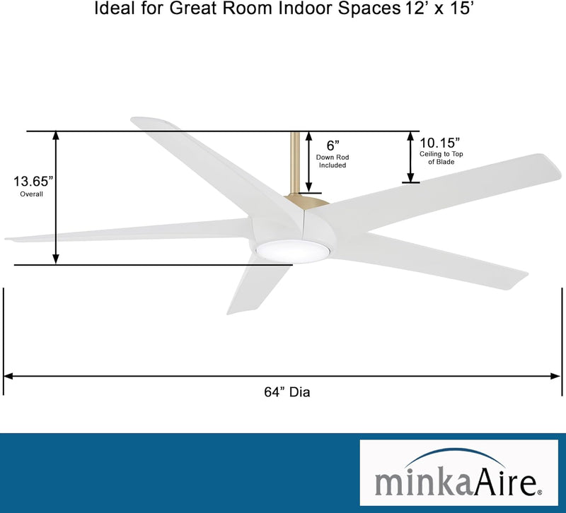 Minka Aire Skymaster F767L-SBR/WHF 65-Inch LED Ceiling Fan in Soft Brass with Remote