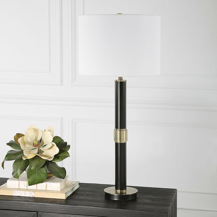 Zentro Black and Antique Gold Modern Metal Table Lamp with White Linen Shade (32" H Lamp with 10" H x 14" W Shade)
