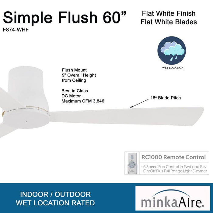 Minka Aire Simple Flush Hugger 60" Flat White Outdoor Ceiling Fan with Remote