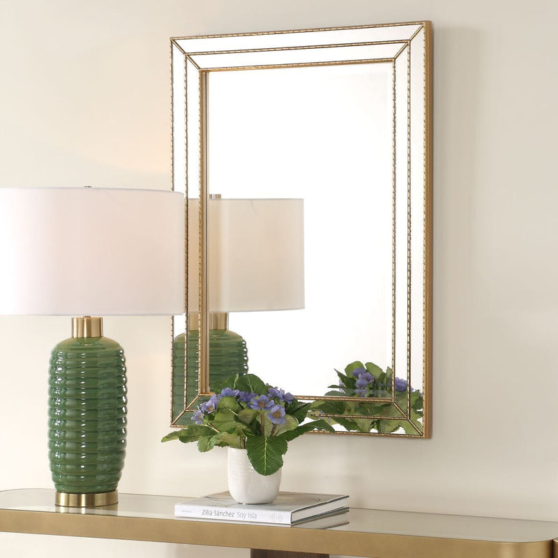 Riventa Metallic Gold Mirror | Modern Rectangle Engineered Wood Frame Bathroom Vanity Mirror Mounted Vertical or Horizontal (24 in. W x 34 in. H x 1 in. D)