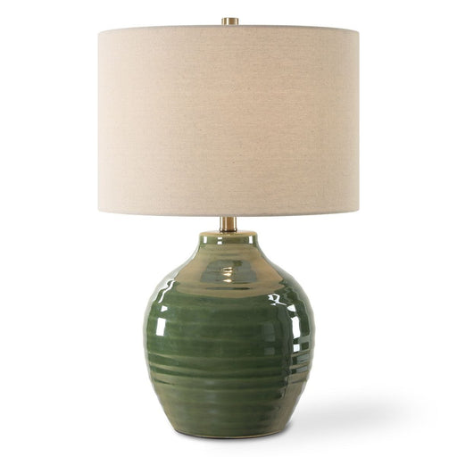 Velmere Moss Green Glaze Modern Ceramic Table Lamp with Beige Linen Shade (23" H Lamp with 10" H x 15" W Shade)