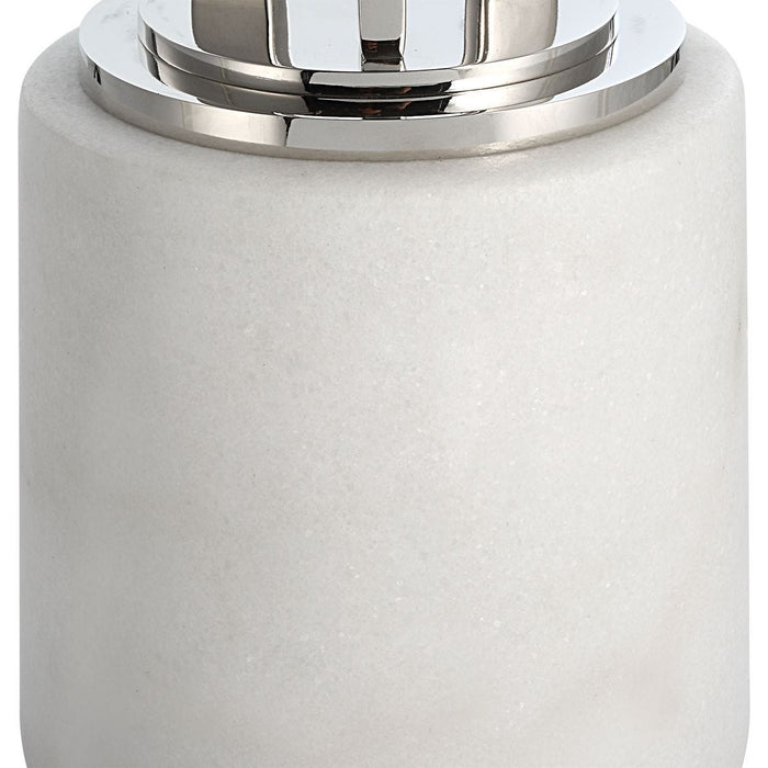 Mara Accent Table | Nickel and Tempered Glass Top with White Marble Base (11 in. W x 24 in. H)