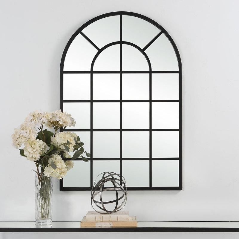 Fenestra Matte Black Mirror | Modern Arch Windowpane Iron Frame Mirror (30 in. W x 44 in. H x 1 in. D)