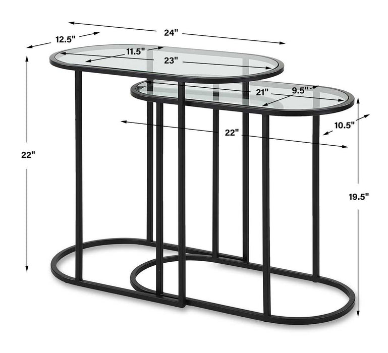 Strada Nesting Tables Set of 2 | Matte Black and Clear Tempered Glass Top (Medium: 22 in. W x 19.5 in. H x 10.5 in. D; Large: 24 in. W x 22 in. H x 12.5 in. D)