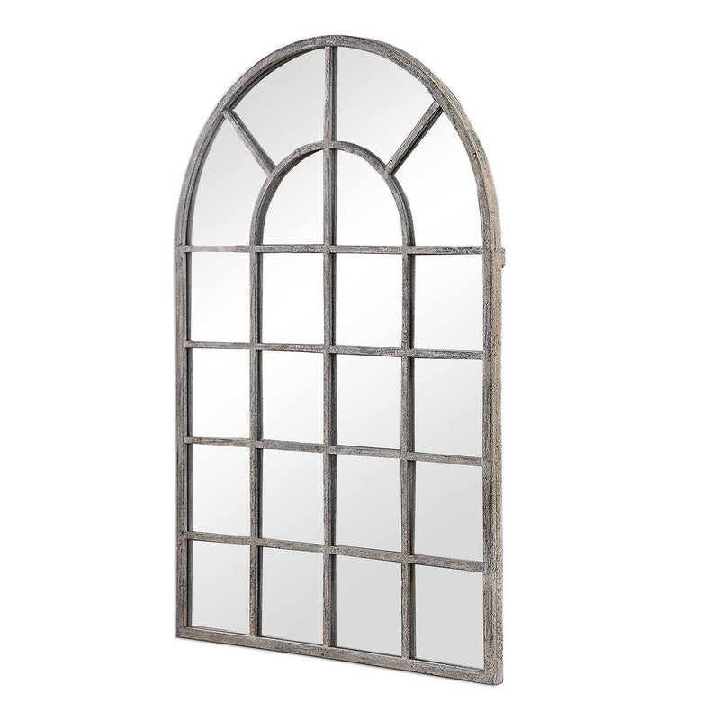 Fenestra Antique Rustic Gray Mirror | Modern Arch Windowpane Iron Frame Mirror (30 in. W x 44 in. H x 1 in. D)
