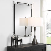 Uttermost Stellan 09938 black modern rectangle bathroom vanity mirror with strap style frame, floating polished edge mirror, and side mirrors, 28 in. W x 40 in. H