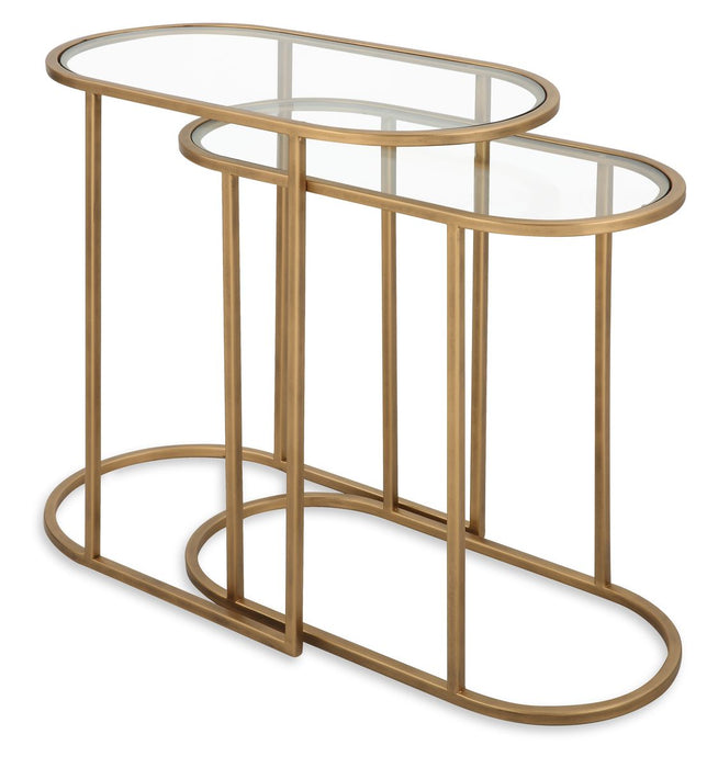 Strada Nesting Tables Set of 2 | Antique Brushed Brass and Clear Tempered Glass Top (Medium: 22 in. W x 19.5 in. H x 10.5 in. D; Large: 24 in. W x 22 in. H x 12.5 in. D)