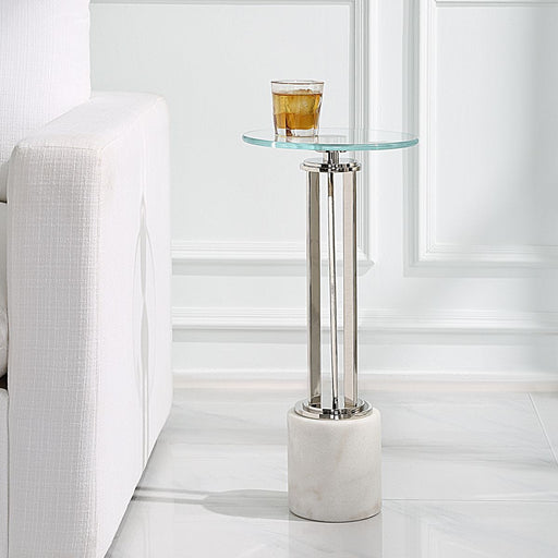 Mara Accent Table | Nickel and Tempered Glass Top with White Marble Base (11 in. W x 24 in. H)