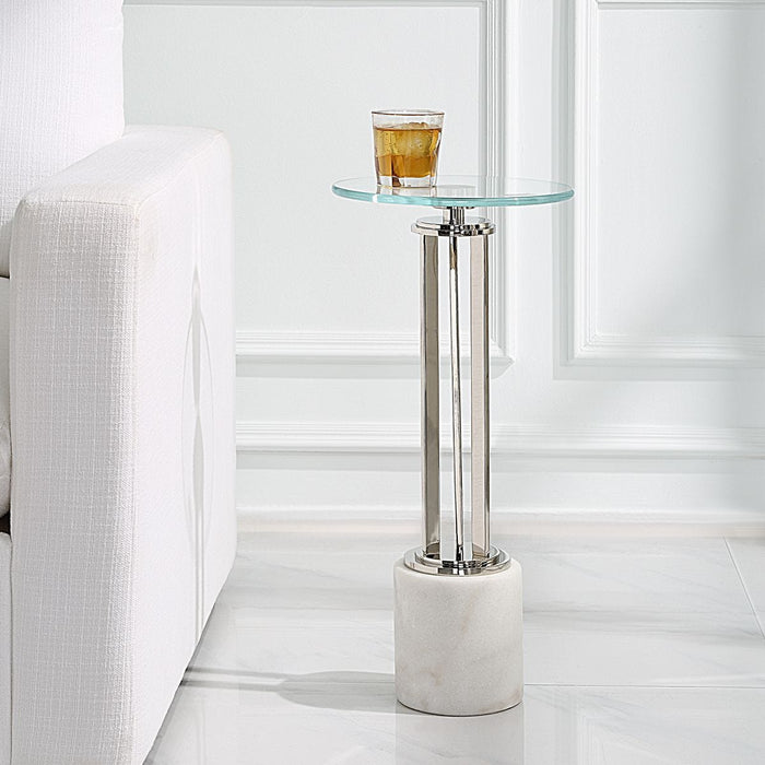 Mara Accent Table | Nickel and Tempered Glass Top with White Marble Base (11 in. W x 24 in. H)
