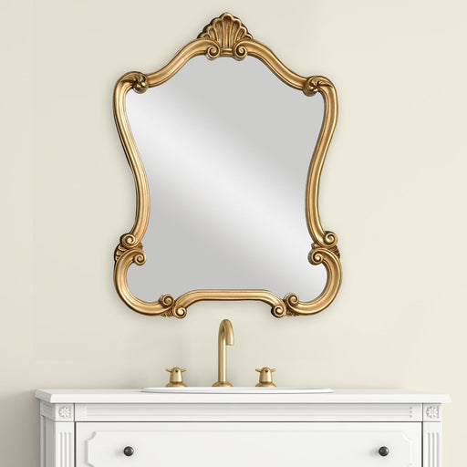 Avenel Distressed Gold Mirror | Classic Ornate Engineered Polymer Frame Bathroom Vanity Mirror (26 in. W x 35 in. H x 2 in. D)
