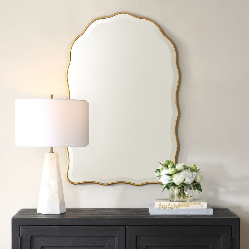 Vezzy Gold Leaf Mirror | Modern Arch Engineered Wood Frame Bathroom Vanity Mirror (24 in. W x 36 in. H x 1 in. D)