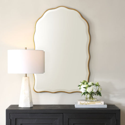 Vezzy Gold Leaf Mirror | Modern Arch Engineered Wood Frame Bathroom Vanity Mirror (24 in. W x 36 in. H x 1 in. D)