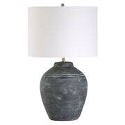 Vulnix Weathered Black Ceramic Modern Table Lamp with Off White Linen Shade (24" H Lamp with 10" H x 14" W Shade)
