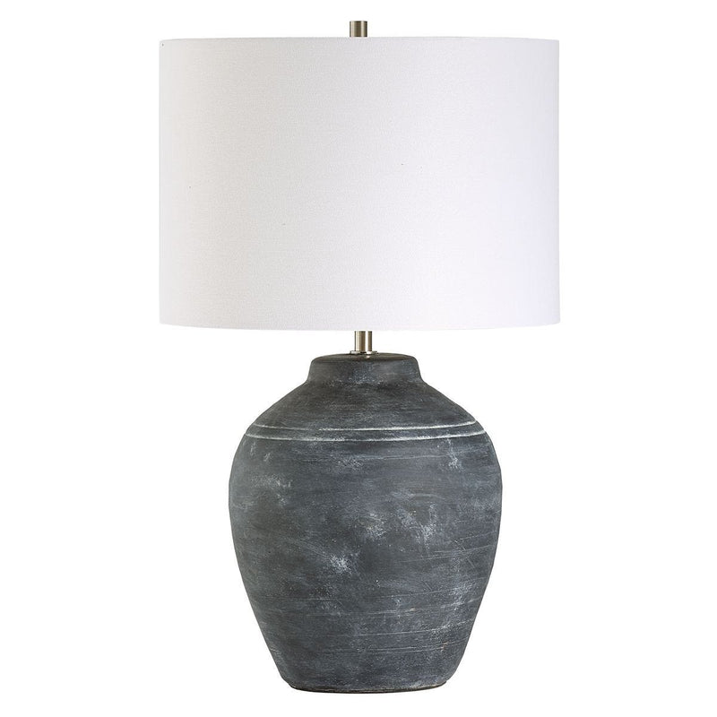 Vulnix Weathered Black Ceramic Modern Table Lamp with Off White Linen Shade (24" H Lamp with 10" H x 14" W Shade)