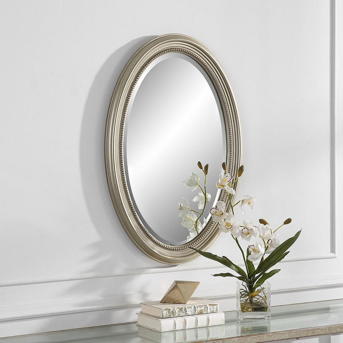 Ovira Metallic Silver Mirror | Modern Oval Polystyrene Frame Bathroom Vanity Mirror Mounted Vertical or Horizontal (21 in. W x 31 in. H x 1 in. D)