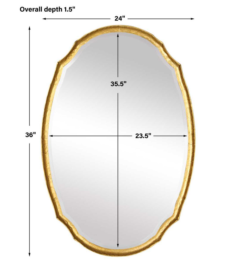 Midora Antique Gold Leaf Mirror | Modern Oval Hammered Iron Frame Bathroom Vanity Mirror Mounted Vertical or Horizontal (24 in. W x 36 in. H x 2 in. D)
