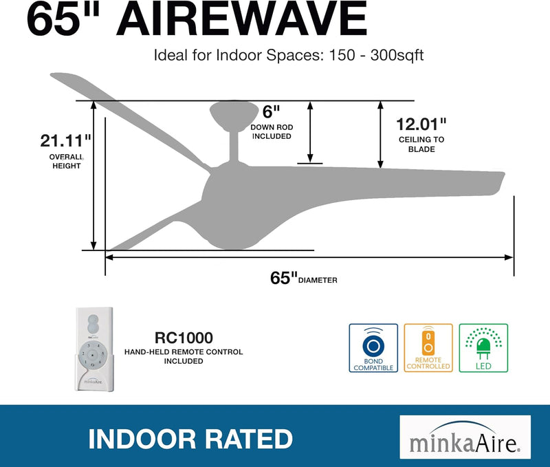 Minka Aire Airewave F839L-SM 65-Inch LED Modern Ceiling Fan in Sterling Maple with Remote