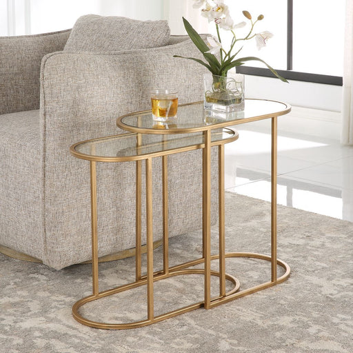 Strada Nesting Tables Set of 2 | Antique Brushed Brass and Clear Tempered Glass Top (Medium: 22 in. W x 19.5 in. H x 10.5 in. D; Large: 24 in. W x 22 in. H x 12.5 in. D)