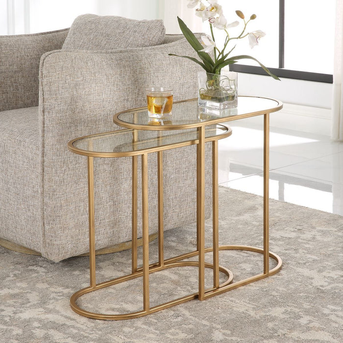 Strada Nesting Tables Set of 2 | Antique Brushed Brass and Clear Tempered Glass Top (Medium: 22 in. W x 19.5 in. H x 10.5 in. D; Large: 24 in. W x 22 in. H x 12.5 in. D)