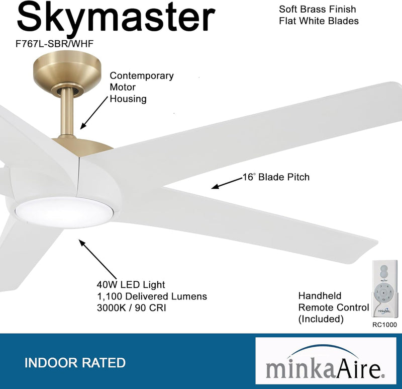 Minka Aire Skymaster F767L-SBR/WHF 65-Inch LED Ceiling Fan in Soft Brass with Remote