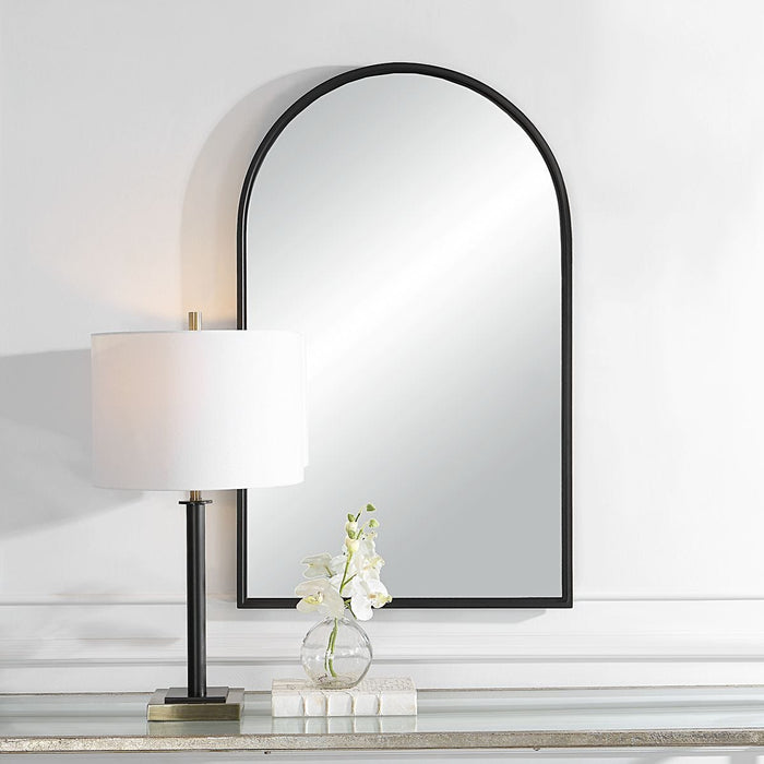 Arvisa Matte Black Mirror | Modern Arch Iron Frame Bathroom Vanity Mirror (24 in. W x 39 in. H x 1 in. D)