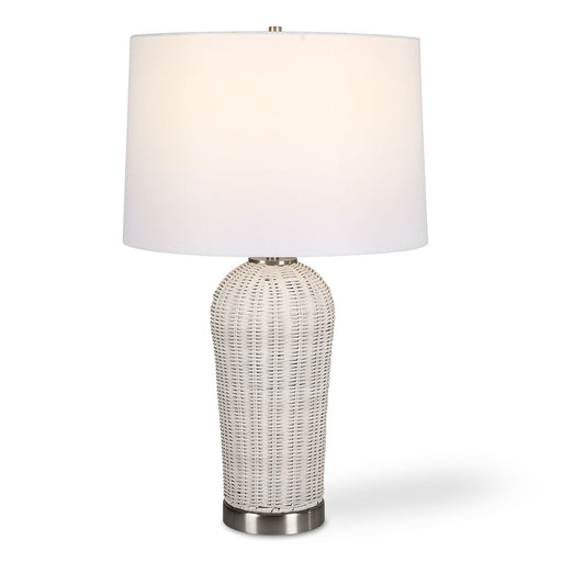 Ravina White Woven Rattan Table Lamp with White Linen Shade (25" H Lamp with 10" H x 15" W Shade)