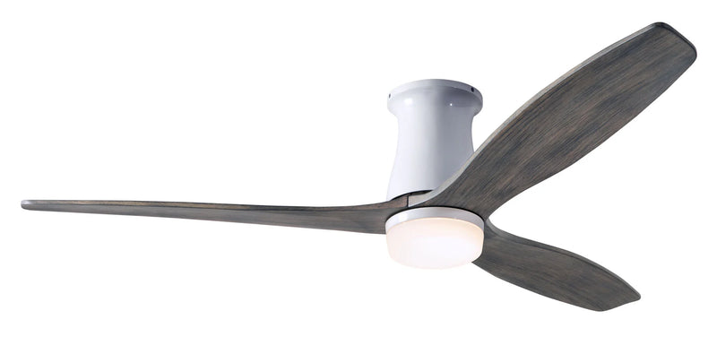 Modern Fan Company Arbor Flush DC LED 54-inch gloss white hugger ceiling fan with graywash blades and remote control