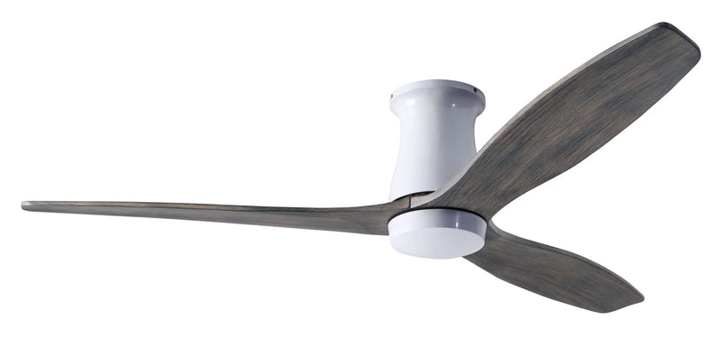 Modern Fan Company Arbor Flush DC 54-inch gloss white hugger ceiling fan with graywash blades and remote control