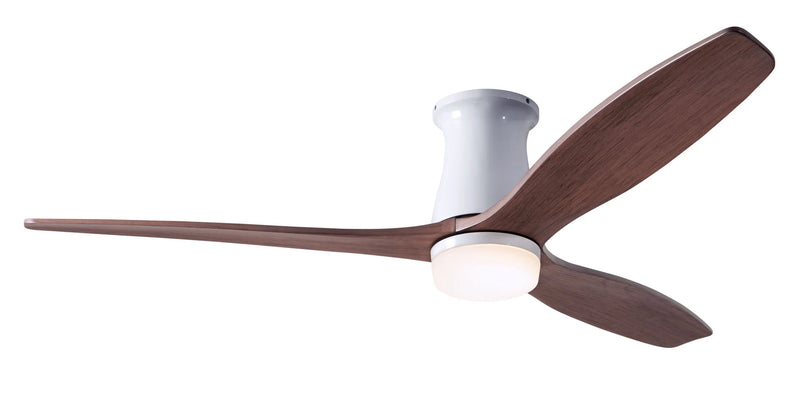 Modern Fan Company Arbor Flush DC LED 54-inch gloss white hugger ceiling fan with mahogany blades and remote control