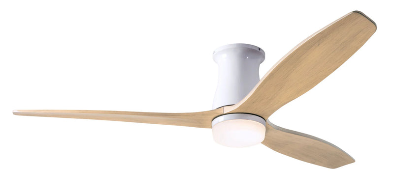 Modern Fan Company Arbor Flush DC LED 54-inch gloss white hugger ceiling fan with maple blades and remote control