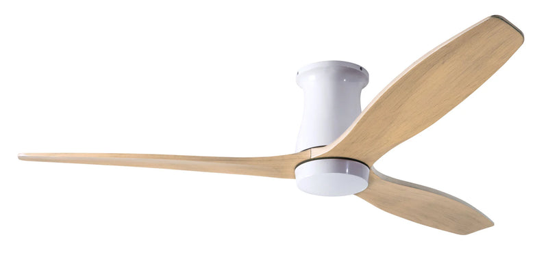 Modern Fan Company Arbor Flush DC 54-inch gloss white hugger ceiling fan with maple blades and remote control